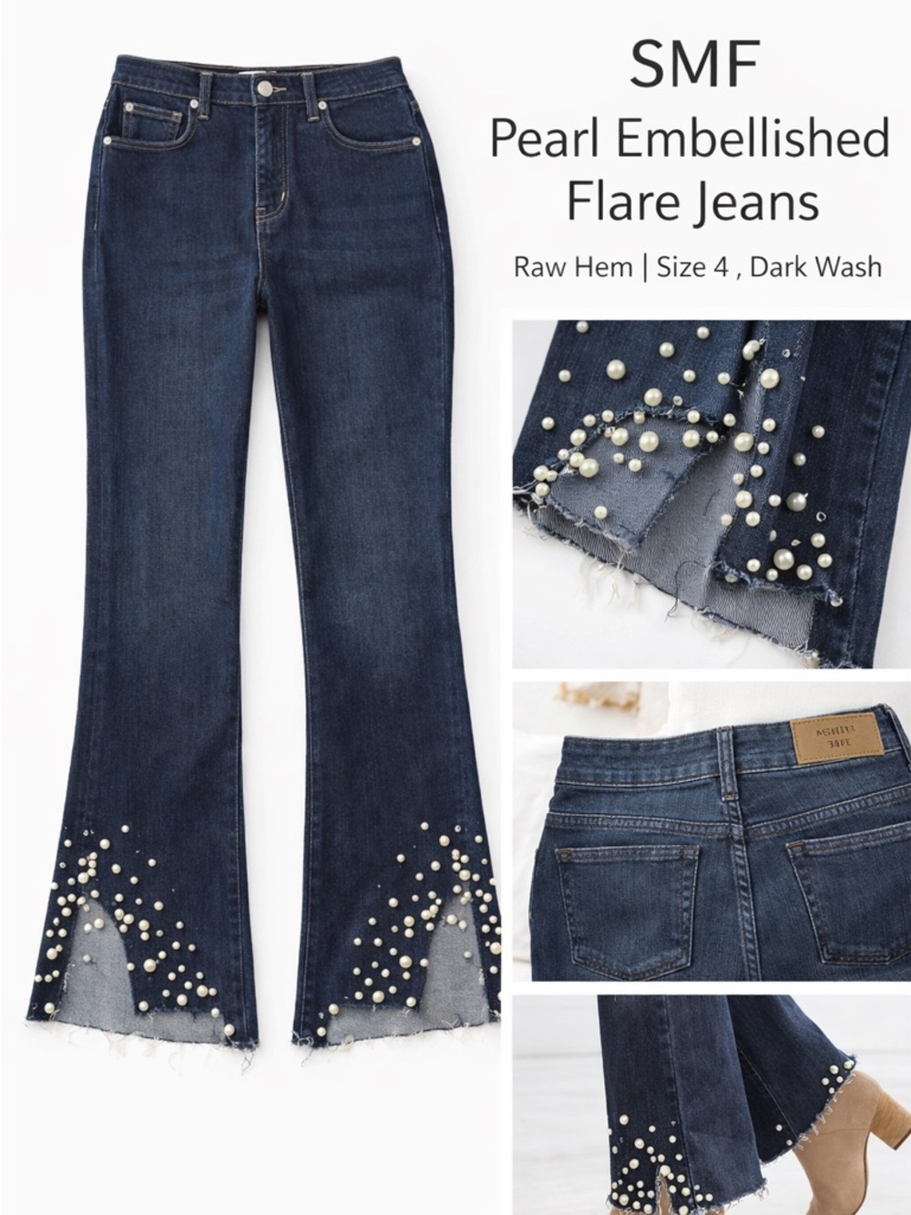 Dark Wash Pearl-Embellished Flare Jeans